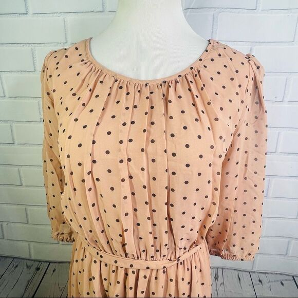 10/$25🦋 En Focus Pink & Black Polka Dot 3/4 Sleeve Belted Dress - 14W - Picture 2 of 14